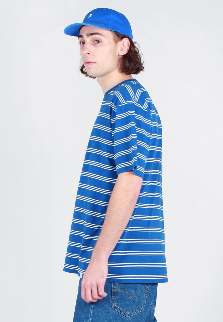 Norse Projects Johannes Cotton Linen Stripe T-Shirt - mediterranean blue - Good As Gold