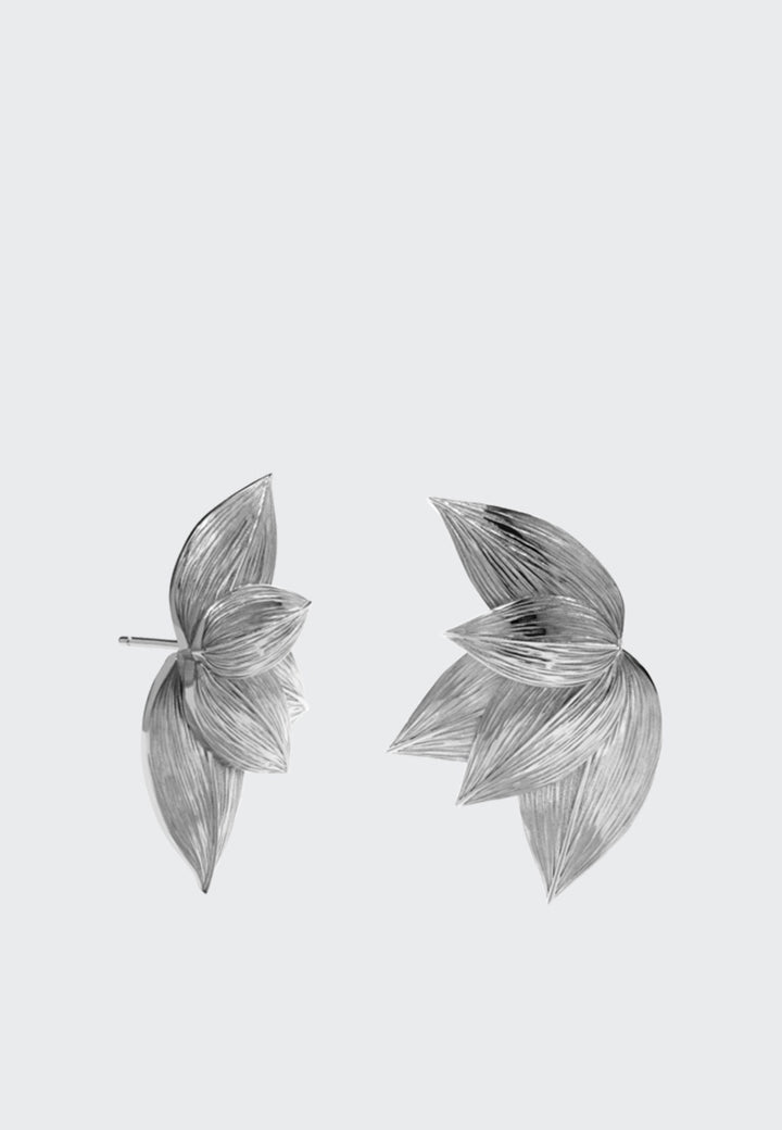 Etched 5 Leaves Stud Earring - silver