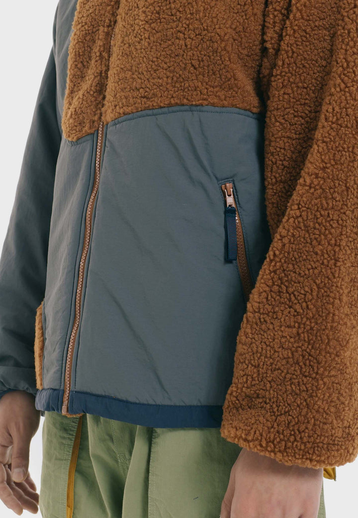 Paneled Sherpa Full Zip Jacket - brown