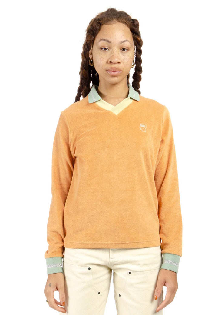 Split Neck Terry Long Sleeve T-Shirt - burnt orange