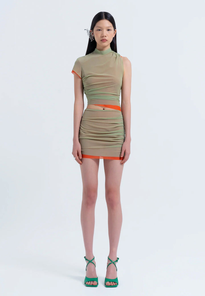 Double Mesh Mini Skirt - Moss/Orange