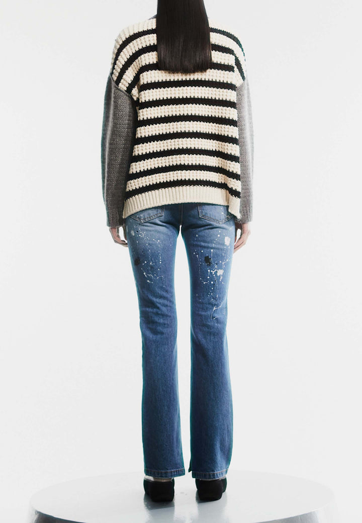 Back Stripe Cut-Out Knit Sweater - Grey