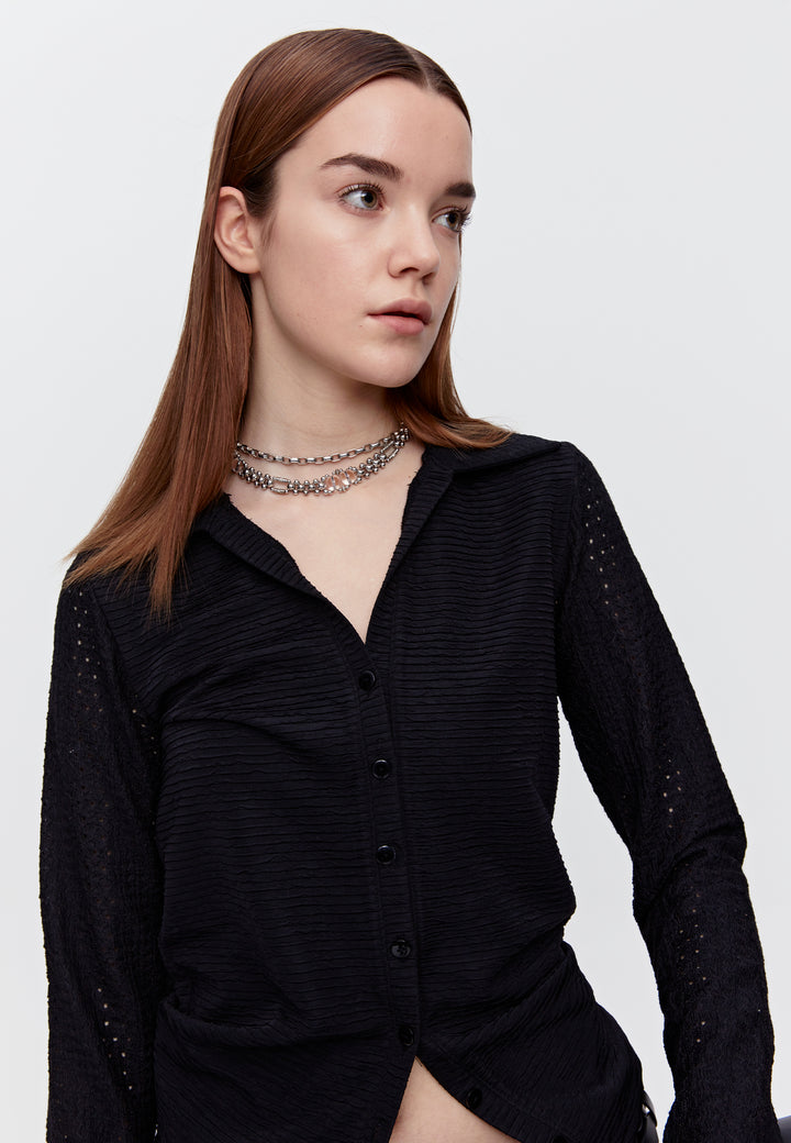 Lace Mix Fitted Shirt - Black