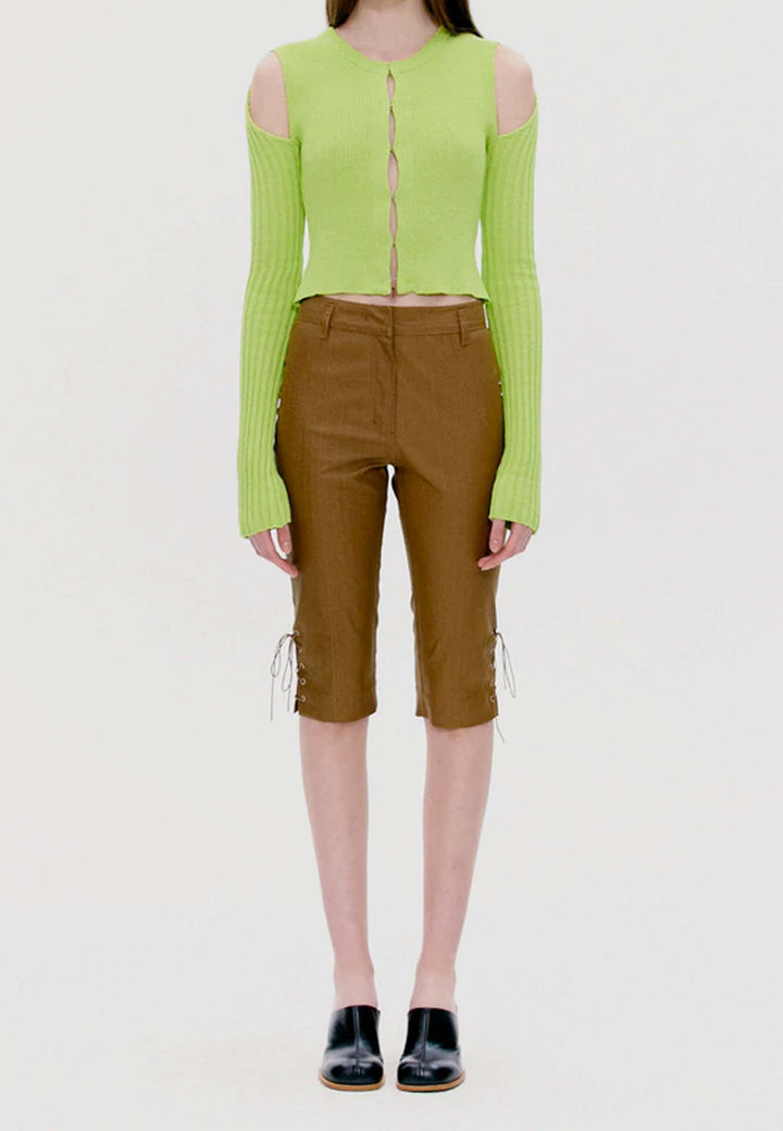 Shoulder Cut Fitted Cardigan - yellowish green