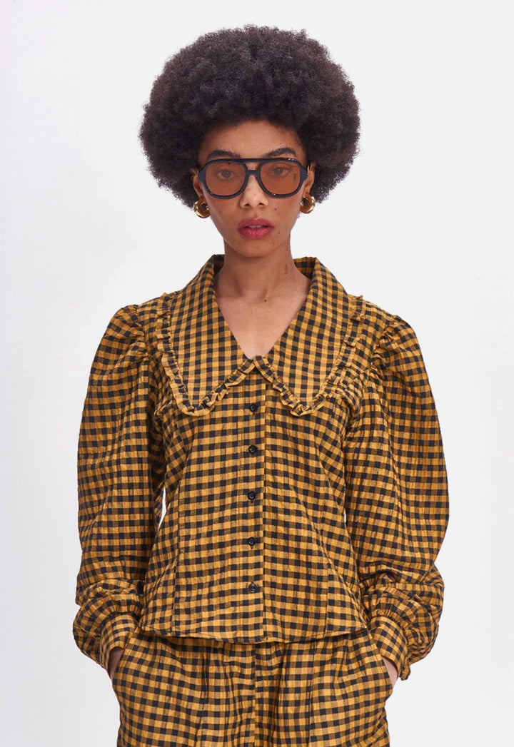 Penny Crinkle Check Blouse - mustard