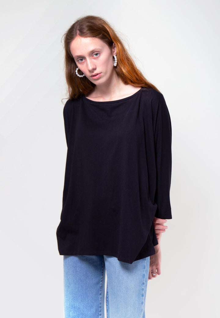 Building Block Relaxed Boat Neck Top - black