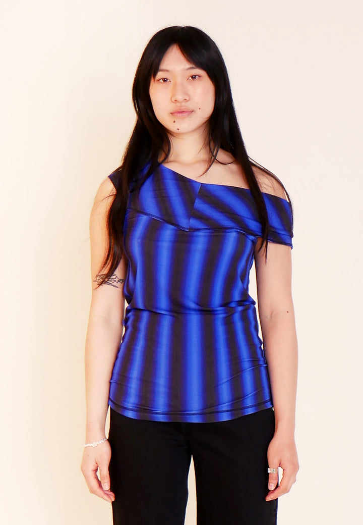 Off-Shoulder T-Shirt - Black/Blue Stripe
