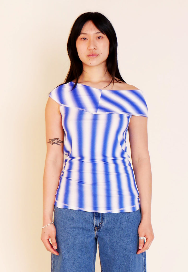 Off-Shoulder T-Shirt - Blue/White Stripe