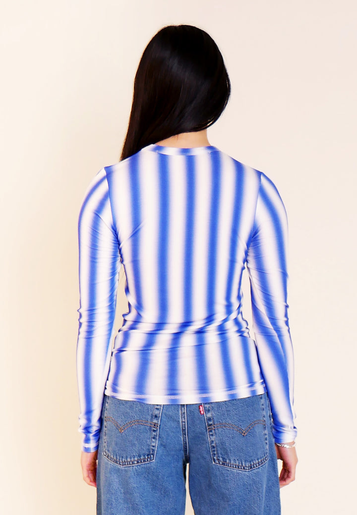 Pintuck Long Sleeve Top - Blue/White Stripe